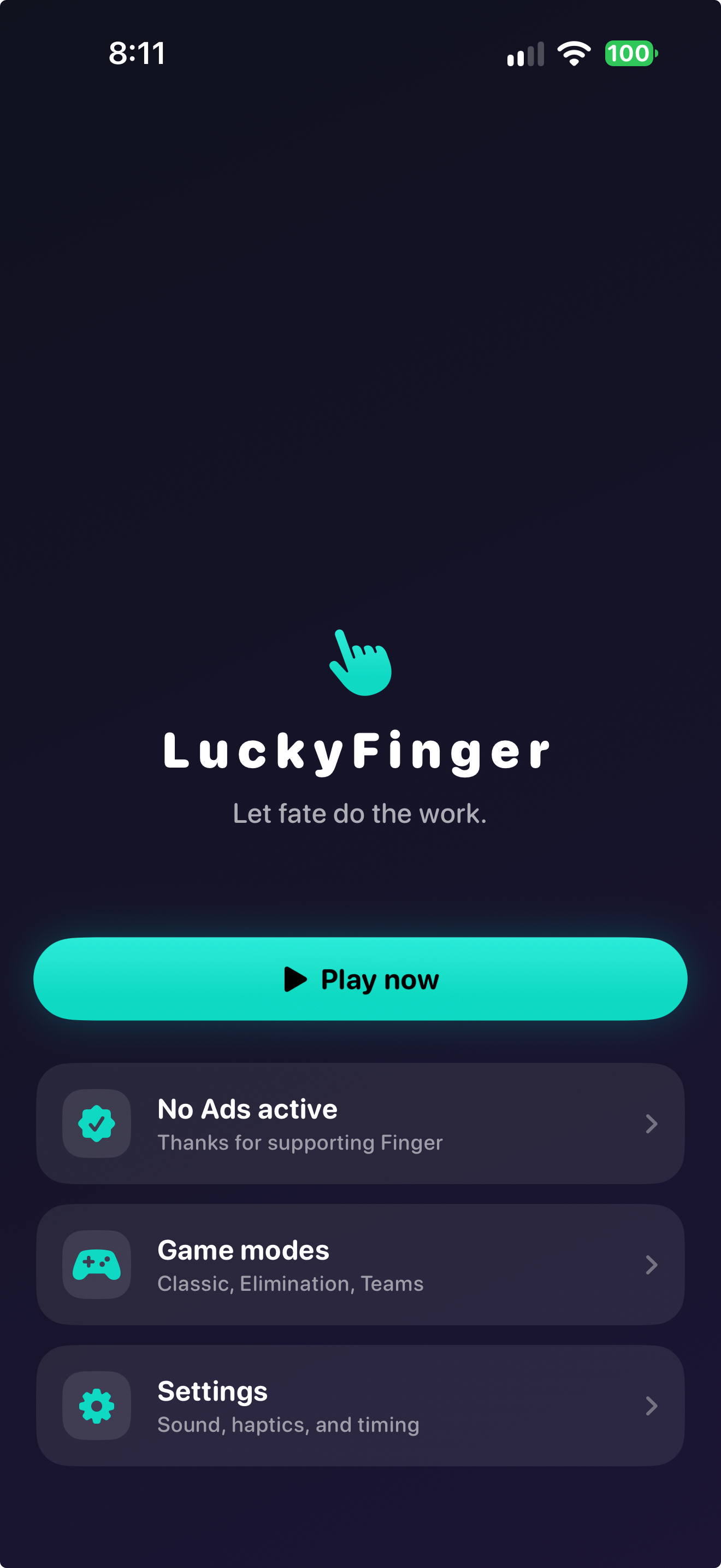 Finger home screen with the Play now button